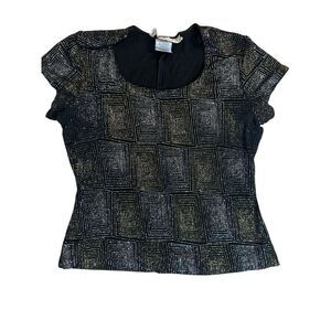 Vintage J.R. Nites Caliendo Women 10 Black Geometric Print Short Sleeve Blouse